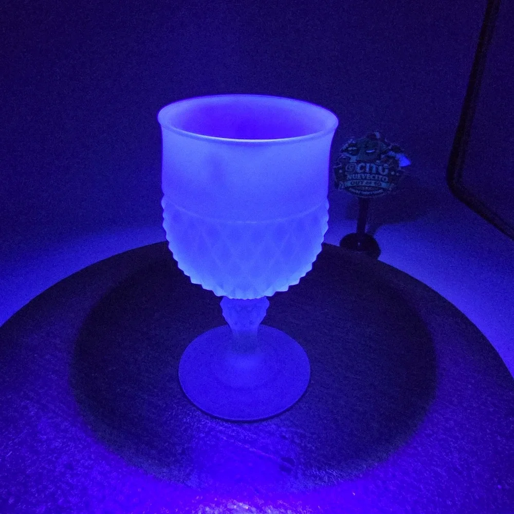 Vintage Frosted Green Uranium Glass Goblet Diamond Point Satin Glow Glassware